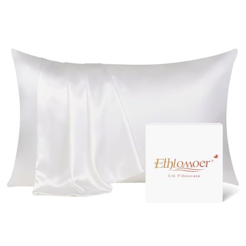 Ethlomoer Natural Pure Silk Pillowcase for Hair and Skin Both Side 19mm Hypoallergenic 600 Thread Count Smooth Silk Pillow case with Hidden Zipper Gifts for Women Men 50x75 cm (Ivory)