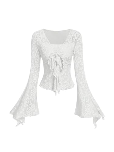 Verdusa Women's Lace Y2K Tie Front Tops Bell Sleeve Floral Print Mesh Tops Long Sleeve Shirts 2000s Clothing White Medium