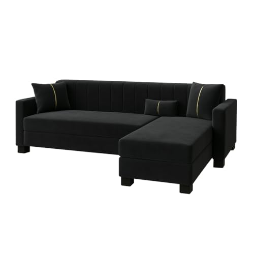 Image of SOCOZI Almeria 4 Seater RHS L Shape Sofa Set | Soft Velvet Suede Fabric | Modern Design | Plush Comfort Cushions for Living Room (Black)