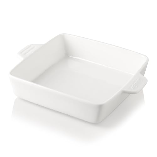 Sweejar Ceramic Baking Dish, 9 X 9 Cake Baking Pan For Brownie, Porcelain Square Bakeware With Double Handle For Casserole, Lasagna, Family Dinner (White)
