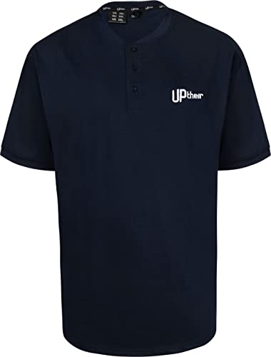 Image of Uptheir Milo Men's Classic Logo Soft T-Shirt in Navy with Henley Style Collar - Plus Size Casual Top - Comfortable Fit - 3 Button Design Plain Tee - M