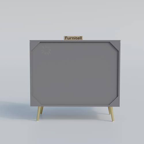 Image of Wooden Storage Cabinet for Living Room & Bedroom | Fluted Design Sideboard with 2 Doors | Multipurpose Organizer for Entryway | HDMR Premium Wood | Gold Metal Legs | Grey