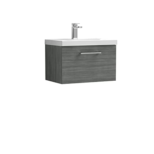 nuie ARN522D Arno Modern Bathroom Wall Hung 1 Drawer Vanity Unit with Thin-Edge Ceramic Basin, Anthracite