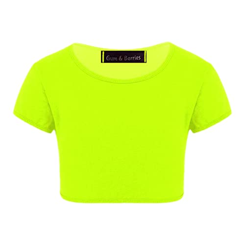 Enfants Filles Néon Fluorescent Plaine À Manches Courtes Crop Tops T-Shirt Tee Top Dance Wear Gymnastique Déguisements Jaune Fluo 5-6 Ans