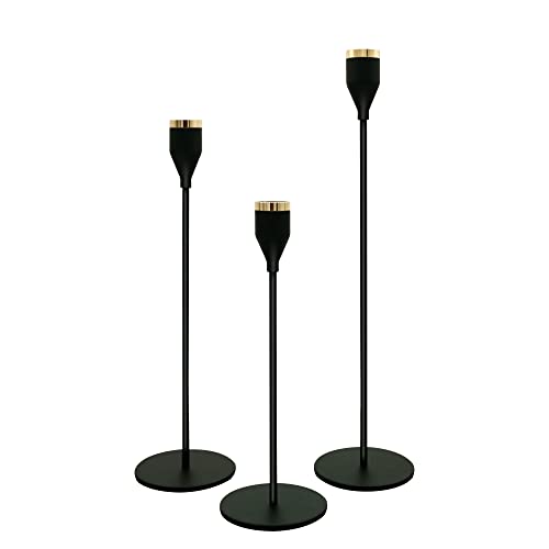 Black Candle Holders,Black Candle Stick Candle Holders,Matte Black Candle Holders Set of 3 for Taper Candles,Candle Holder,Candle Holder Set for Wedding,Dinning,Party (Black&Gold×3)