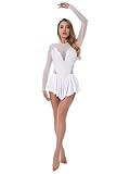  Mufeng Robe de Patinage Artistique Adulte Femme Justaucorps de Gymnastique Danse Ballet Robe Scintillant Noir Maille Dos Nu Femme S-XL Blanc S