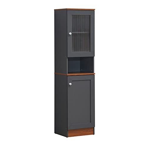 Hodedah キッチン収納棚 グレーオーク トールスリムタイプ 160cm 上下段扉付き収納 【日本正規輸入品】
