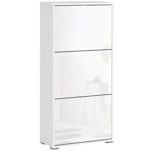 HOMCOM Meuble à Chaussures Armoire à Chaussures 3 Portes abattantes 3 Compartiments en Bois dim. 60L x 26I x 124H cm Blanc laqué