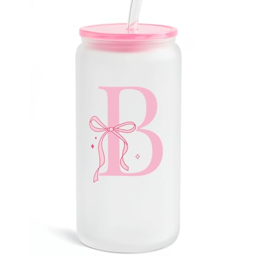 SANDJEST Monogrammed Glass Drinking Can Cup with Acrylic Lid and Straw, Personalized Frosted Iced Coffee Tumbler 16oz, Monogram Initial Gifts for Women Girls on Birthday (B)