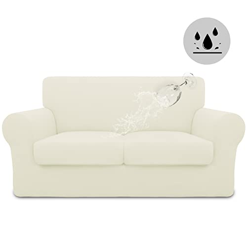 Image of Easy-Going Waterproof 3-Piece Loveseat Cover Couch Covers for Sofa | Stretch Spandex Sofa Cover Protector Elastic Bottom for 2 Cushion Couch Dog Pet Friendly Living Room Ivory
