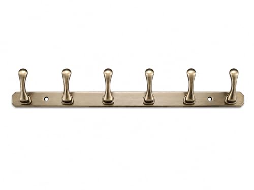 Image of ELUVIA Zinc Alloy 6 Hook Wall Hook Rail, Heavy Duty Wall Mounted Coat Hook for Clothes, Towels, Keys & Bags, Antique Brass Finish, Bathroom Kitchen Bedroom Organizer (Pack of 1)