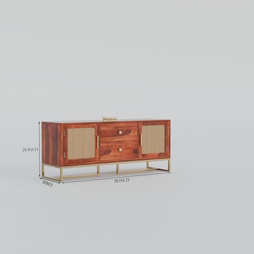 Image of Sheesham Wood Wooden tv Unit for Living Room 55 inch TV Furniture - Entertainment Unit Solid Wood tv Table for Living Room 55 inch TV Console with 2 Drawers, 4 Shelves & Ratan Door
