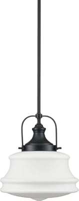 DEYNITE Industrial Pendant Light Fixtures Black Hanging Adjustable Schoolhouse Light Milk White Shade for Kitchen Bar Bedroom Bathroom Dining Room