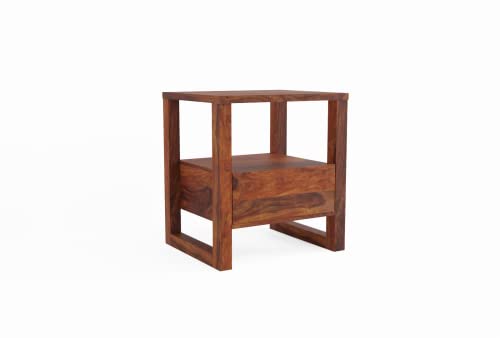 Image of Wooden Bedside Table for Bedroom | Nightstand Side Table with Drawers & Self Storage for Living Room | Sheesham Wood, Natural Honey