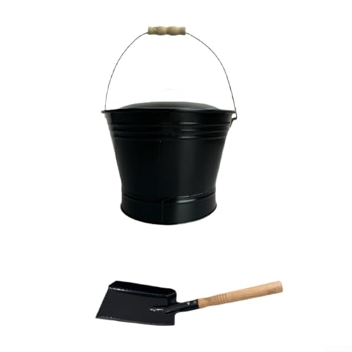 ZWEquipint Cubo de ceniza ignífugo con tapa y pala, cubo redondo de carbón metálico para chimeneas, estufas de leña, parrillas y hogueras, 18 x 31 cm, color negro