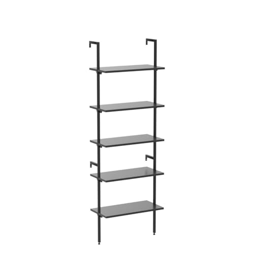 Apicizon 5 Tier Ladder Shelf Bookshelf, Industrial Bookshelf with Wood Shelves and Stable Metal Frame, Open Wall Mount Bookcases, Display Shelves for Home Office, Bedroom, Balcony, Bathroom, Black