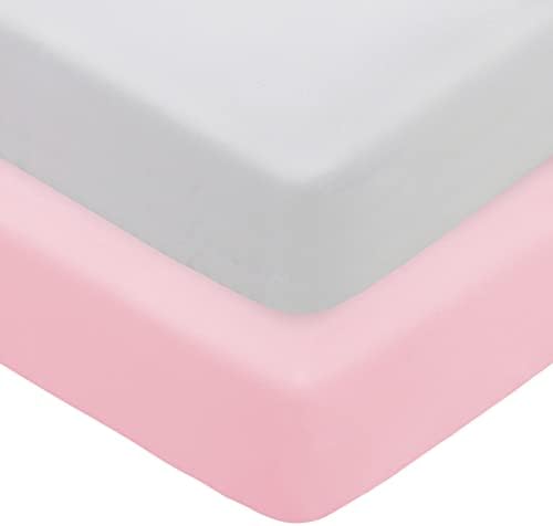 POSENPRO 2 Pack Microfiber Fitted Crib Sheets for Baby Boys Girls, Cozy & Soft Solid Color Toddler Bed Sheets for Standard Crib and Toddler Mattresses, 28"x52"x8", Pink & White