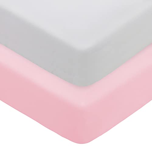 Image of POSENPRO 2 Pack Microfiber Fitted Crib Sheets for Baby Boys Girls, Cozy & Soft Solid Color Toddler Bed Sheets for Standard Crib and Toddler Mattresses, 28"x52"x8", Pink & White