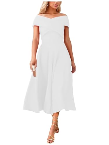 Womens Satin Off The Shoulder Evening Dress Tea Length Prom Dresses for Women A Line Midi Wedding Guest Dress