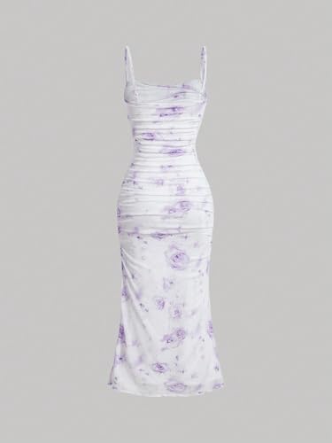 Image of GORGLITTER Women's Floral Ruched Bodycon Midi Dress Mesh Sleeveless Fishtail Cami Dresses