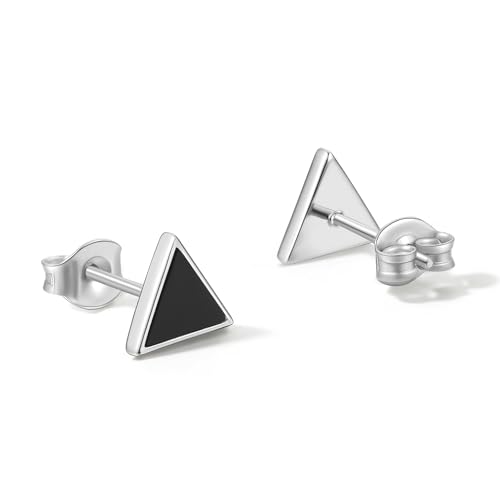 Silver Stud Earrings Gold Plated Stud Earring Black Onyx Studs Triangle Post Small Geometric Jewelry Hypoallergenic Lightweight Dainty Trendy Natural Gemstone Minimalist Tiny Unisex Gift for Women Men