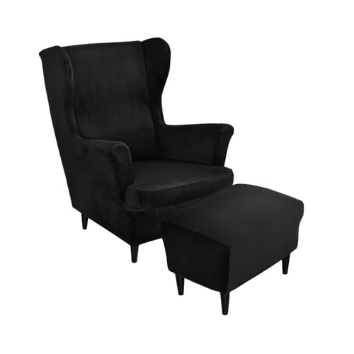 Funda de terciopelo para sillón orejero y cubre otomana negro de tacto suave exclusivo