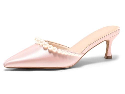 Image of Coutgo Womens Pearl Kitten Heels Closed Pointed Toe Wedding Bride Dress Shoes Ankle Strap Satin Pumps
