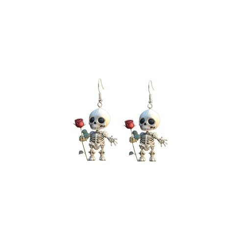 Halloween Skeleton Earrings for Women – Cute Spooky Skull Dangle Earrings with Red Rose, Gothic Creepy Cute Acrylic Statement Jewelry