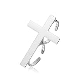 SIPURIS Adjustable Cross Ring for Unisex Two Finger Cross Rings Stainless Steel Stackable Band Religious Catholic Christian Faith Amulet Jewellery for Baptism (Silver)