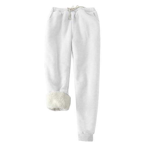 Womens Joggers Fleece Joggers for Women UK Fluffy Sherpa Lined Thermal Sweatpants Elastic Waisted Jogging Pants Winter Thick Warm Tracksuit Bottoms Drawstring Pockets Outdoor Streetwear White