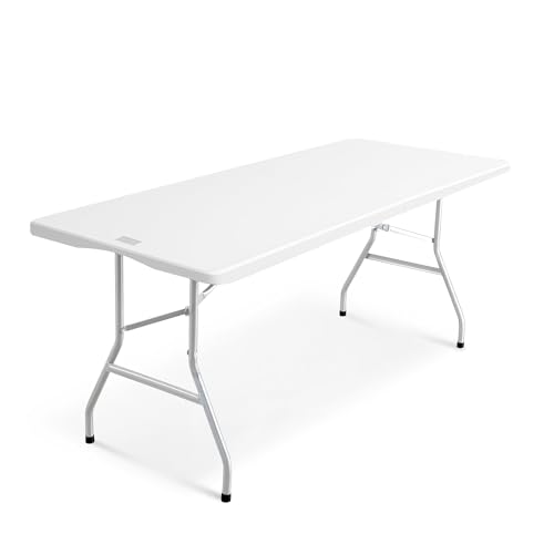 KEPLIN 6ft Folding Table with White Top, 180x70x74cm – Sturdy Metal Frame, Waterproof, Portable & Easy Assembly – Ideal for Parties, BBQs, Camping (White)