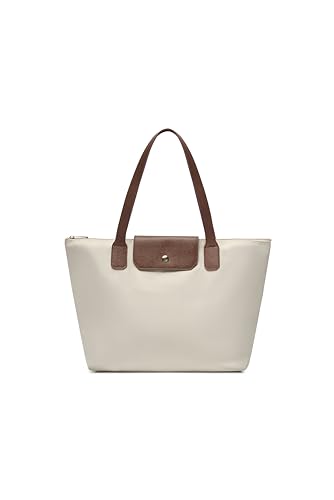 Tote Bag for Women - Nylon Tote Bags - Large Shoulder Tote Bag with Zipper & Foldable - Handbag for Everyday Work Weekend - Beige