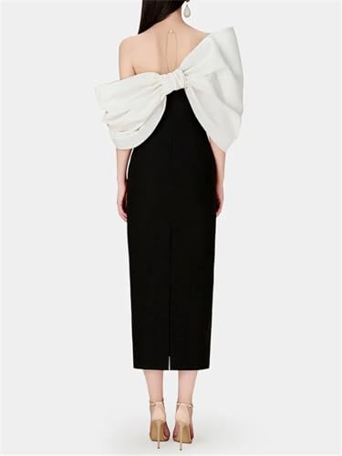 Women Colorblock Patchwork Bowknot Elegant Dress Strapless Irregular Sleeve High Waist Slimming Dresses4