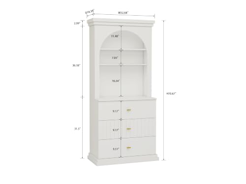 Image of ivaniti 71 inch Arched Kitchen Pantry Cabinet Set of 3 with 9 Drawers, White Freestanding Storage Hutch with Open Shelves and Gold Handles for Kitchen, Dining Room