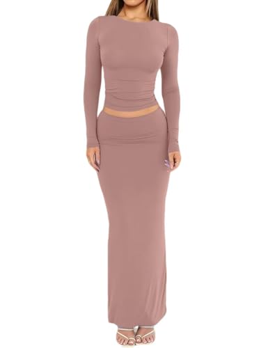 Remelon Skirt Sets Women 2 Piece Outfits Slim Long Sleeve Crop Top Fold Over Bodycon Mermaid Maxi Skirt Sexy Two Piece Dress