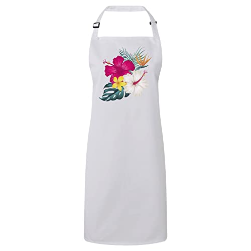 Tablier premium blanc hibiscus fleurs exotiques jungle de créateur