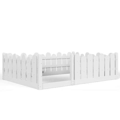 Image of Bellemave Full Size Kids Montessori Floor Bed,Floor Bed Frame with Rounded Safety Guardrail,Solid Wood Montessori Bed for Girls Boys,White