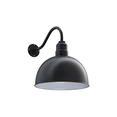 Steel Lighting Co. Hollywood Bowl Light | Outdoor Wall Mounted | 15 inch Bowl Dome | 16 inch Gooseneck | Barn Light Made in America | Matte Black Exterior/White Interior Cover