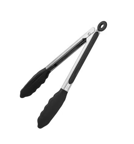 Image of Stainless Steel & Silicone Tongs for Kitchen, Airfryer, Barbeque and Serving- 12 Inch I 230C Heat Resistant, BPA Free, Heavy Duty Non-Stick Clamp Clip, Silicone Tip for Pans (BLACK)