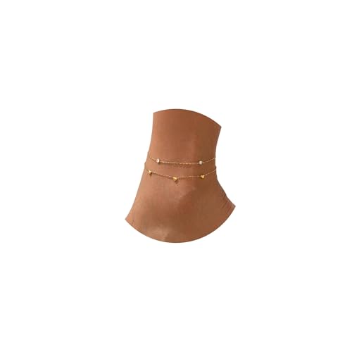 Image of NONAMOIS Ankle Bracelets for Women Dainty 18K Gold Plated Anklet Waterproof Round Beaded Paperclip Herringbone Pearl Chain Anklets Waterproof Beach Foot Jewelry