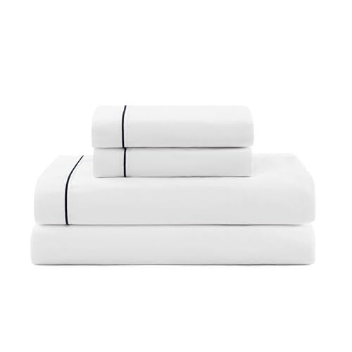 Image of Tommy Hilfiger - Sheet Set, Cotton Percale Bedding with Matching Pillowcases, Crisp & Cool, Solid Design with Hem Stripe (White /Navy, Full)