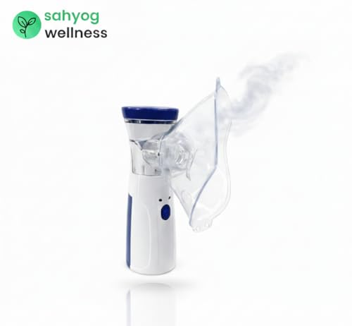 Image of Sahyog Wellness Handheld Portable Silent Mesh Nebulizer with Adult and Child Mask, USB Charging Cable for House & Travel Purpose (White & Blue)
