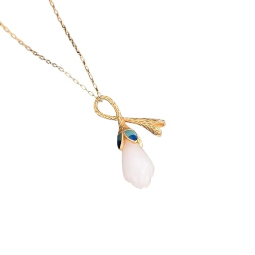 Collier Feng Shui en jade blanc d'exception et son pendentif Magnolia bleu brûlé unique