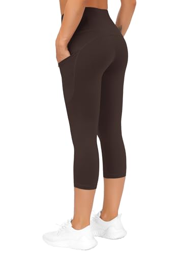 Image of THE GYM PEOPLE Thick High Waist Capris Yoga Pants with Pockets, Tummy Control Workout Running Yoga Leggings for Women