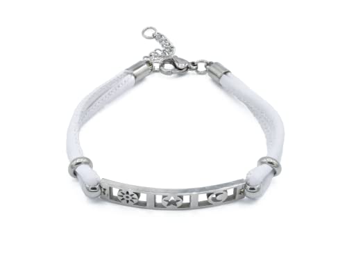 Du Sablon Bracelet Argenté Soleil Etoile Lune Cuir Blanc en Acier Inoxydable Pour Femme