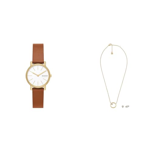 Coffret cadeau montre Skagen Femme Signatur Lille dorée et cuir marron pour un présent inoubliable