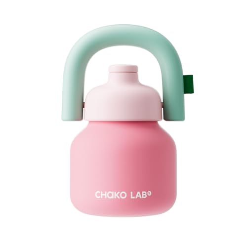 CHAKO LAB Water Bottle with Straw and Carry Handle | Wide Mouth vacuum insulated stainless steel Bottles | Reusable, leak-proof and BPA-free | 33oz(Pink&Red)