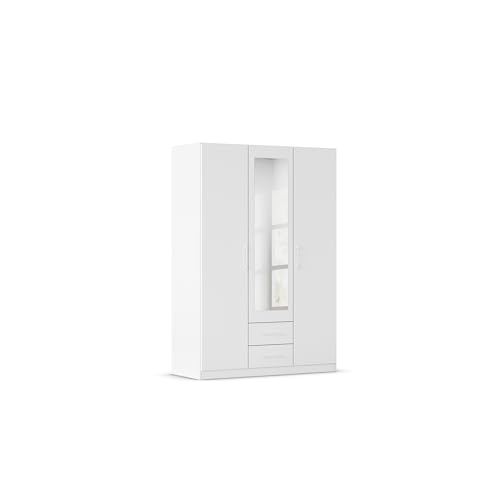 Rauch Möbel Belfast Armoire Chambre, penderie, vestiaire, Armoire de Rangement, 3 Portes, avec Miroir, 2 tiroirs, Couleur Blanc, poignée à Barre Blanche, 136x197x54cm