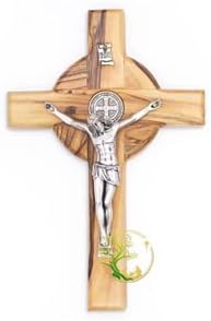St Benedict Olive Wood Wall Hanging Cross - Holy Wall Décor Wooden Catholic Crucifix for Religious Occasions Baptism Confirmation &Christmas (6.25" x 4" inches)
