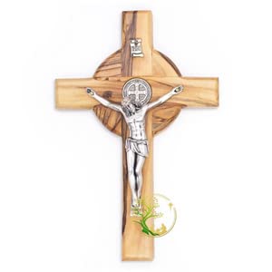 St Benedict Olive Wood Wall Hanging Cross - Holy Wall Décor Wooden Catholic Crucifix For Religious Occasions Baptism Confirmation &Christmas (4.75" X 3" Inches) #TOP2